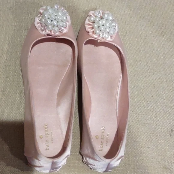 Kate Spade Pink Satin Embellished Women's Ballet Flats With Pearls, 9m - Picture 8 of 10